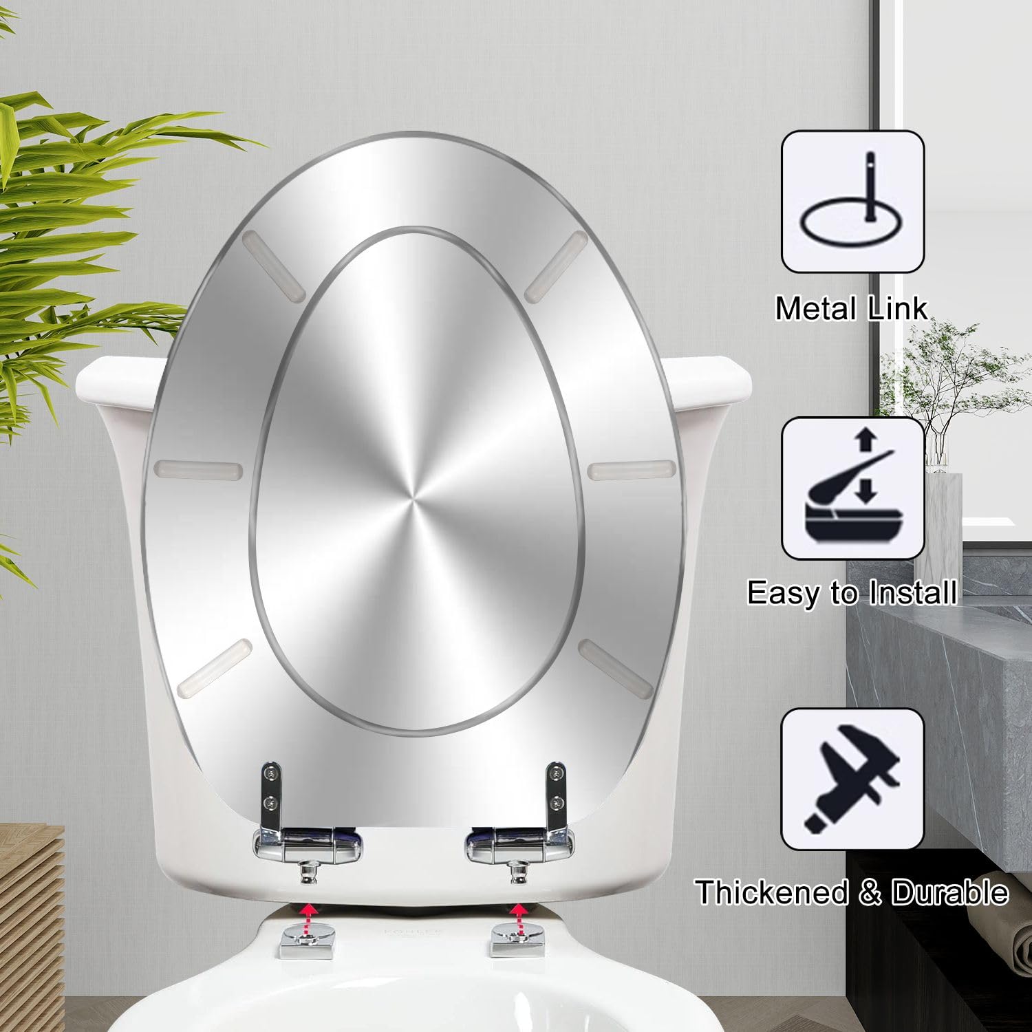 WHFEOIV9RE Elongated Toilet Seat Silver Resin Slow Quiet